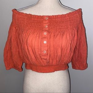 We The Free smocked off the shoulder crop stretch gauze coral top size XS